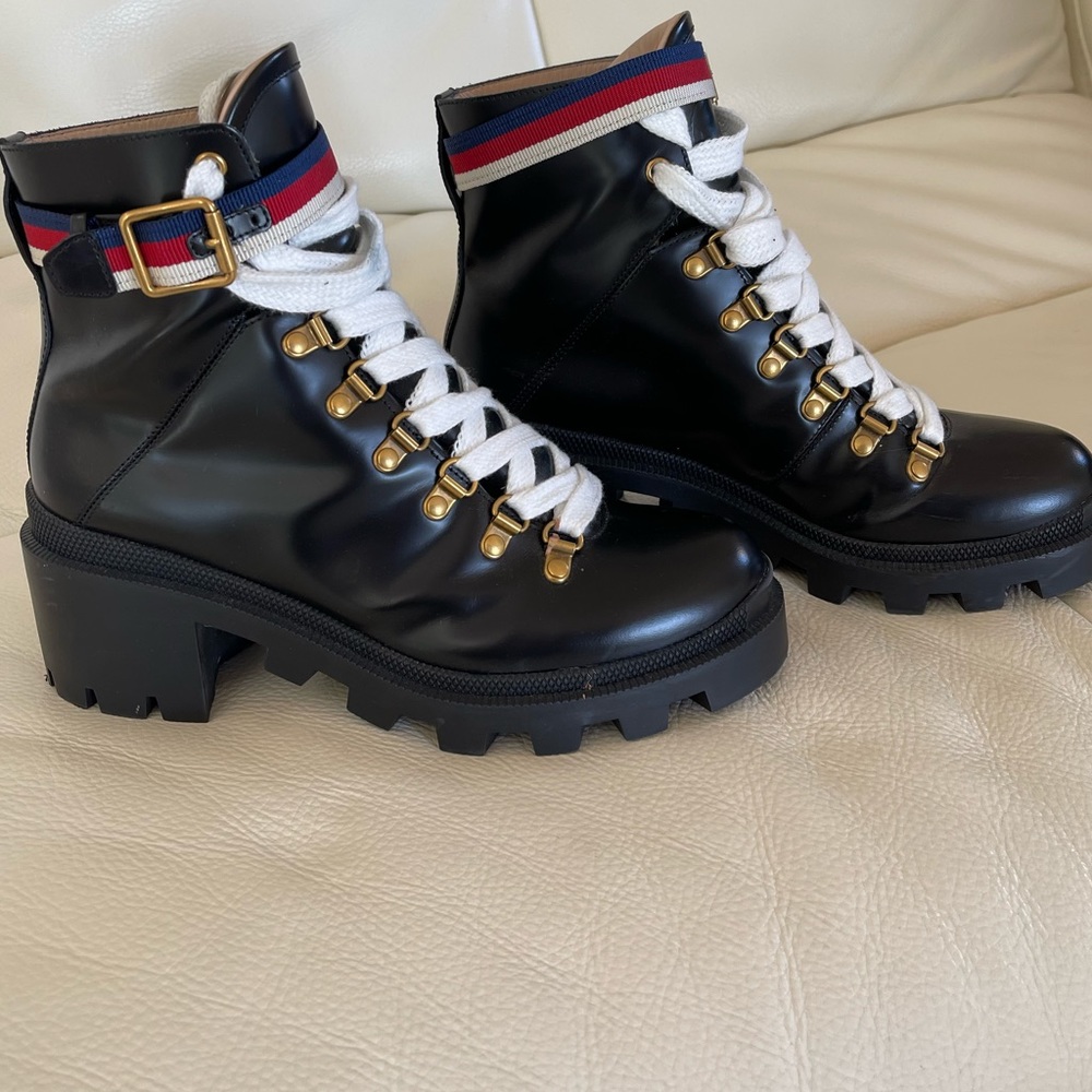 Gucci calfskin Sylvia web lace up combat boots